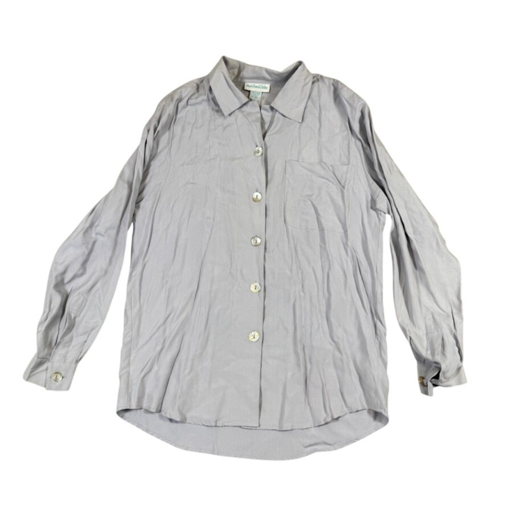 Mark Fore & Strike Silk Button Down Shirt Lavender Grey Long Sleeve Blouse Small